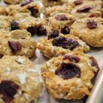 close up baking sheet with homemade cranberry oat dog treats made with fresh milled einkorn flour