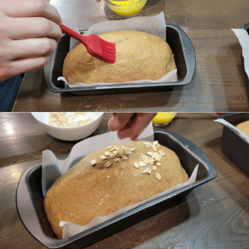 top shows hand brushing egg wash on bread loaf with red silicon brush bottom shows hand sprinkling oats on pumpernickel bread dough
