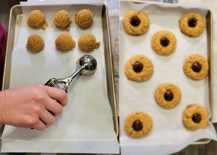 left pic shows hand scooping peanut butter cookie dough with a cookie scoop, right pic shows a tray of baked cookies with the Kiss candies on top