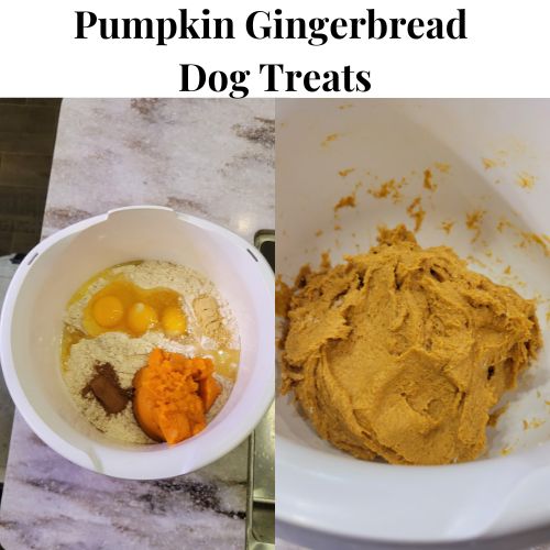 pumpkin dog treat ingredients in a bowl next to the finished dough, waiting for rest & roll out.