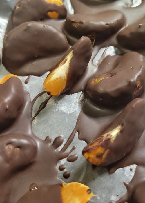 close up of a tray of mandarin orange slices covered in dark chocolate
