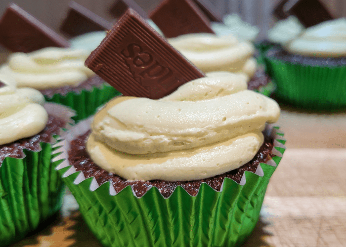 Andes mint chocolate cupcake made with fresh milled flour with green buttercream