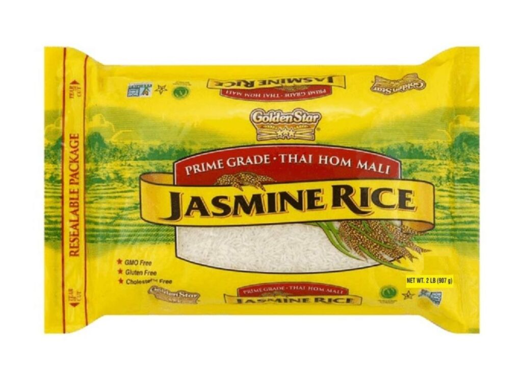 a yellow bag of jasmine rice