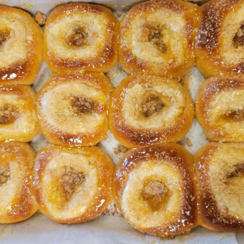 a tray of baked apricot cream cheese kolaches made with fresh milled flour