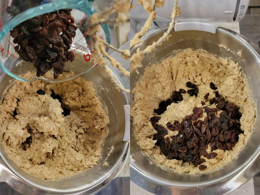 a bowl of creamed butter and sugar and the same bowl with raisins being poured in