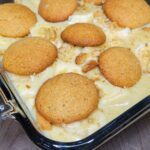 homemade microwave banana pudding from scratch with vanilla wafers on top