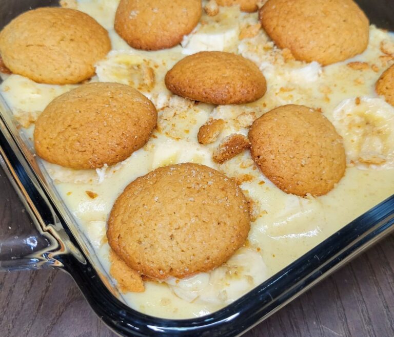 homemade microwave banana pudding from scratch with vanilla wafers on top