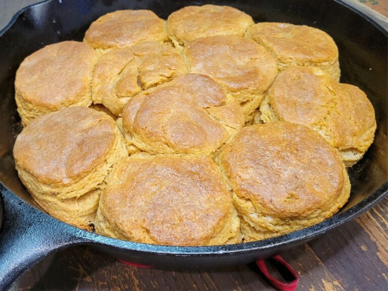 a cast iron skillet with 11 baked and browned fresh milled flour biscuits