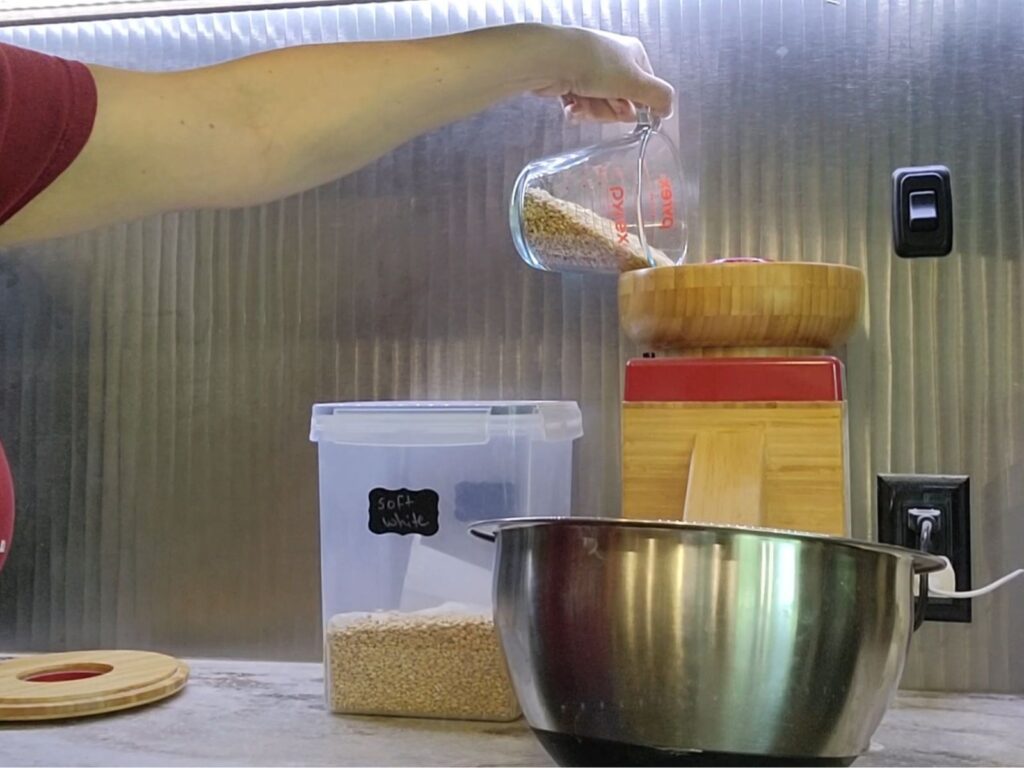 Hand pouring wheat berries into a grain mill
