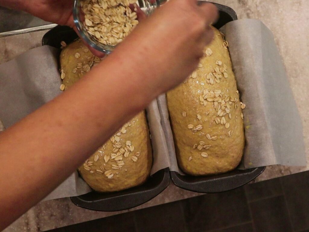 hands sprinkling rolled oats on the unbaked honey oat wheat bread loaf made with fresh milled flour