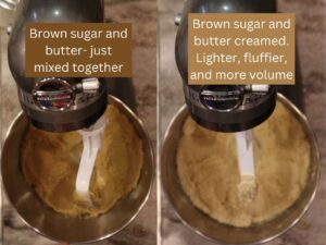 comparison photos of mixed brown sugar and butter in a stand mixer vs Brown sugar and butter creamed. showing Lighter, fluffier, and more volume