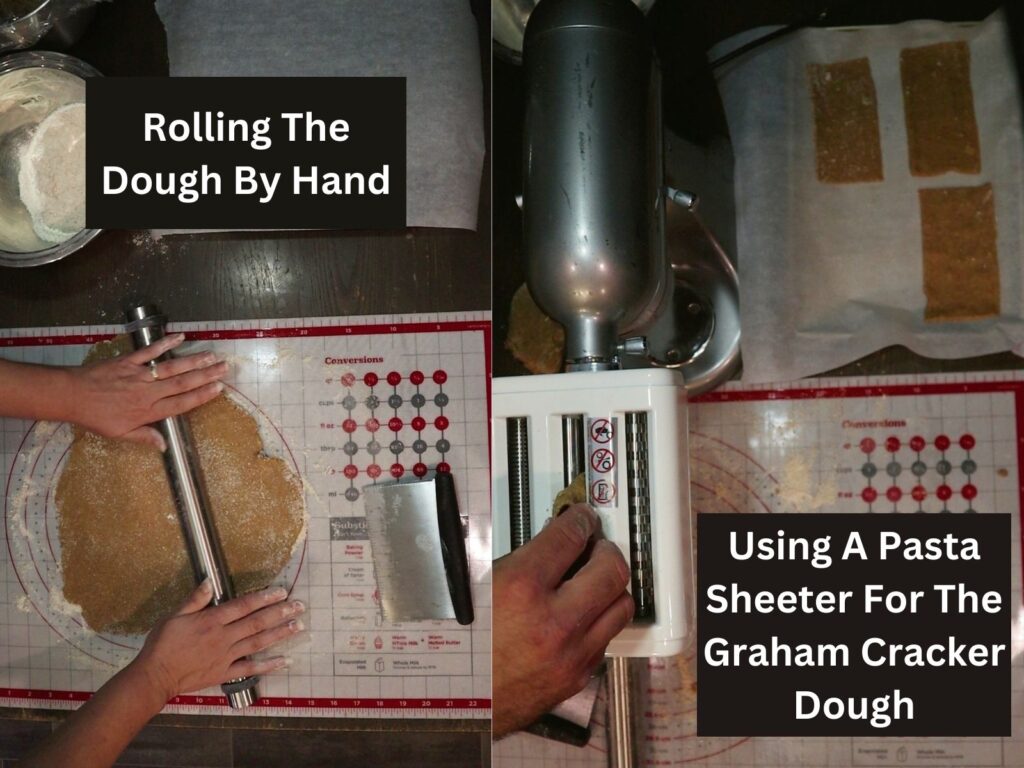 a comparison photo of hand using a rolling pin to roll out the dough or a pasta sheeter to roll out the cracker dough