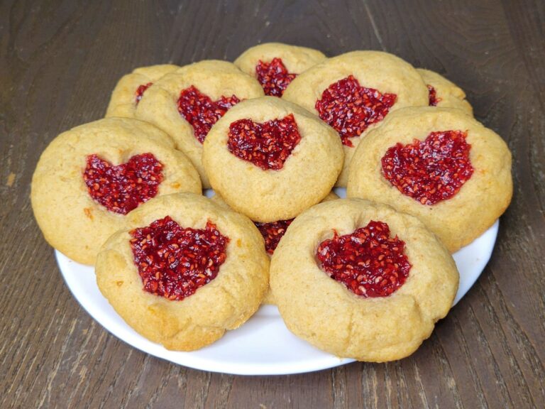 Shortbread thumbprint cookies made with fresh milled flour and small batch raspberry jam