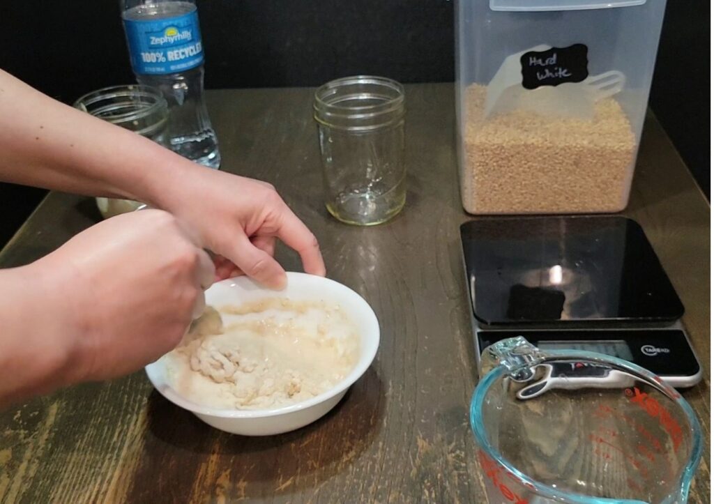 hands mixing the fresh milled flour sourdough starter