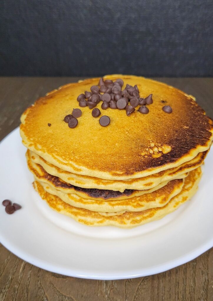 a stack of Chocolate Chip Pancakes made with fresh milled flour