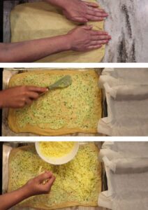 series of photos of hands flattening dough, spreading with compound garlic butter and mozzarella cheese for this fresh milled flour pull apart bread