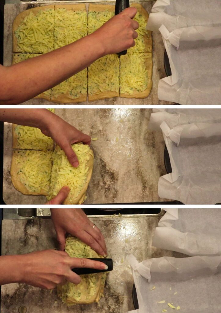 series of pics showing hands slicing and stacking the dough