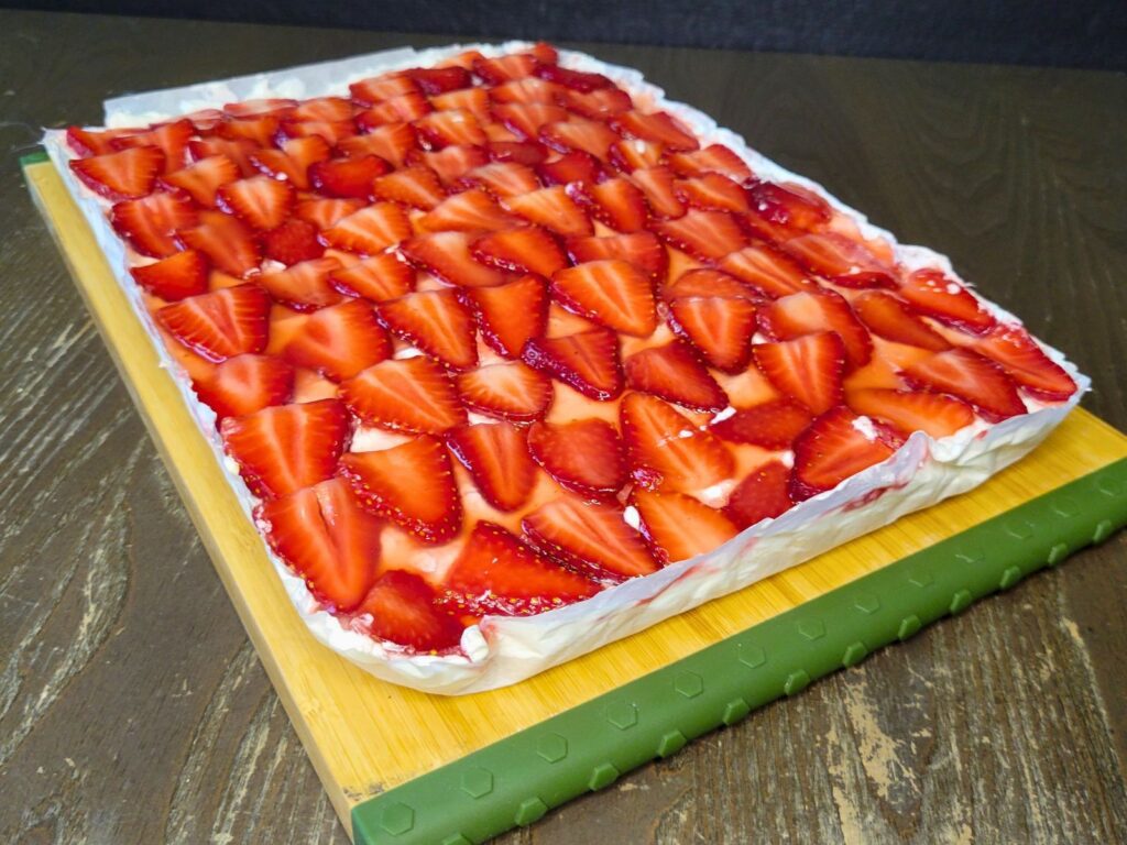 Fresh Strawberry Refrigerator cake made with fresh milled flour before slicing