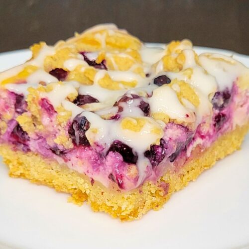 lemon blueberry cheesecake pie bar made with fresh milled flour