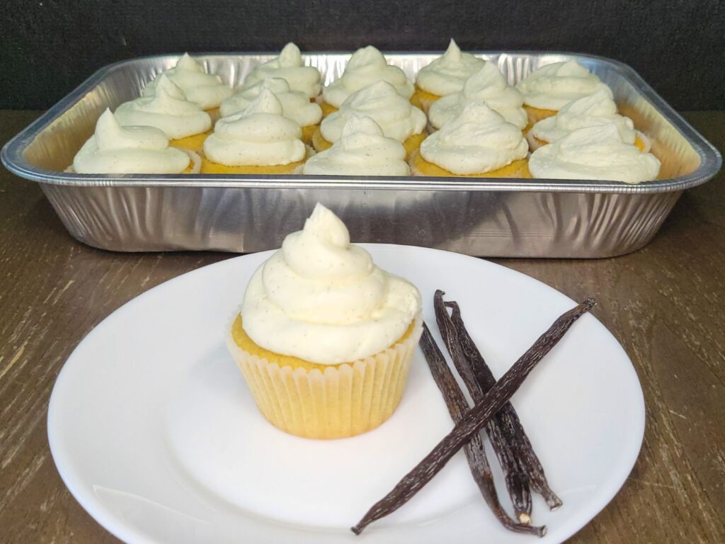 fresh milled flour vanilla cupcakes topped with vanilla bean buttercream