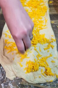 hand sprinkling shredded cheddar cheese onto fresh milled flour sourdough bread dough