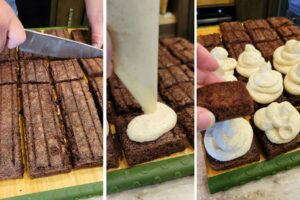 Assembling the chocolate sourdough snack cakes made with fresh milled flour