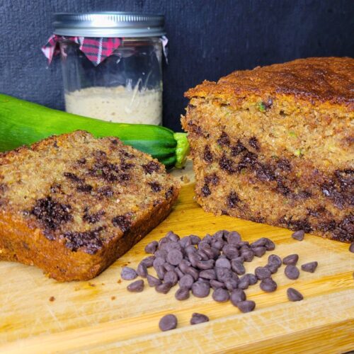 Chocolate Chip Sourdough zucchini bread made with fresh milled flour