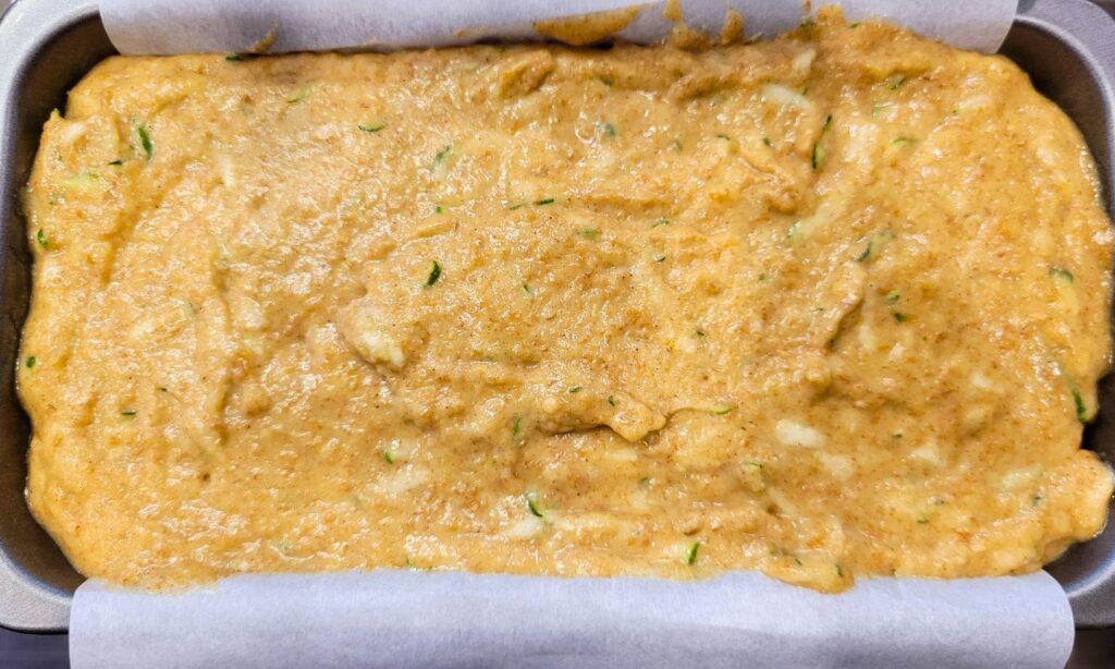 batter in the bread pan waiting to be baked