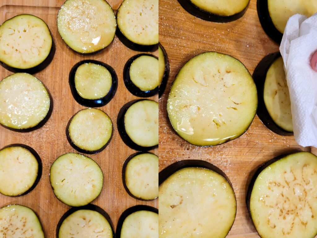 salt the eggplants to draw out extra moisture. Then dry them before breading