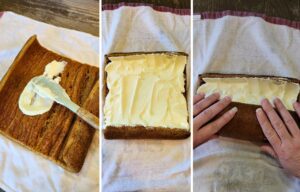 filling the fresh milled flour pumpkin roll and rolling it up