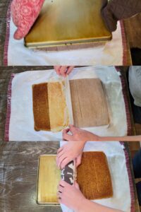 rolling up the cake as it comes out of the oven to cool