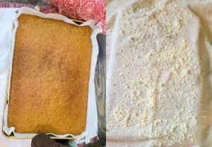 turning the cake onto a kitchen towel coated with powdered sugar to keep it from sticking