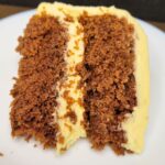 slice of red velvet cake made with fresh milled flour