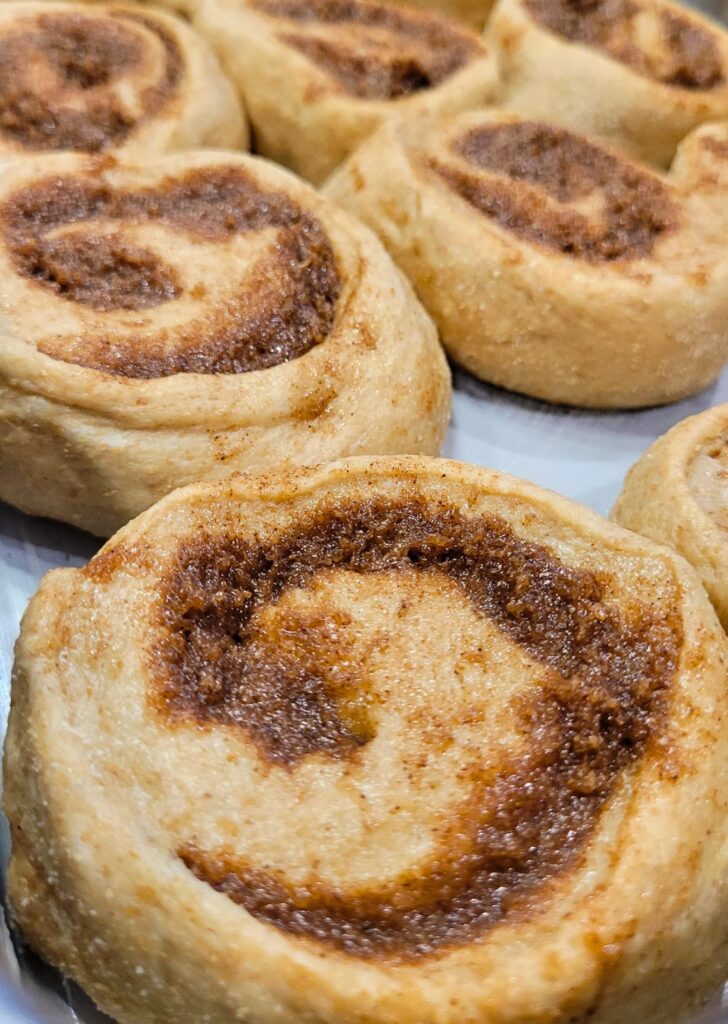 rolled sourdough cinnamon rolls made with fresh milled flour ready to bake