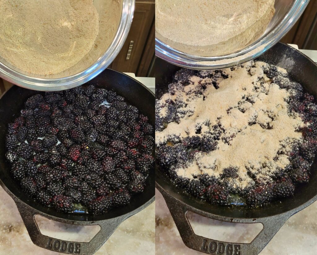 sprinkling the fruit with the dry ingredients