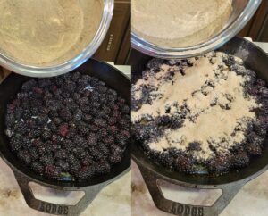 sprinkling the blackberries with the fresh milled flour dry ingredients