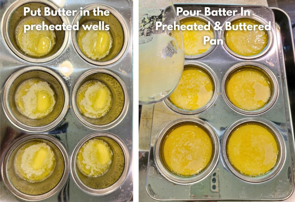 Butter and batter in the preheated wells