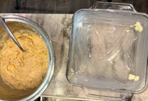 buttered baking pan with fmf cornbread batter