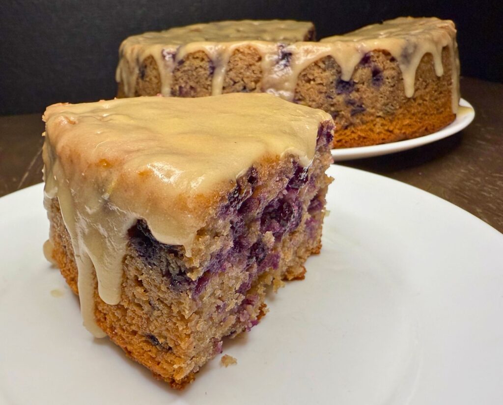 sliced lemon blueberry bundt cake made with fresh milled flour