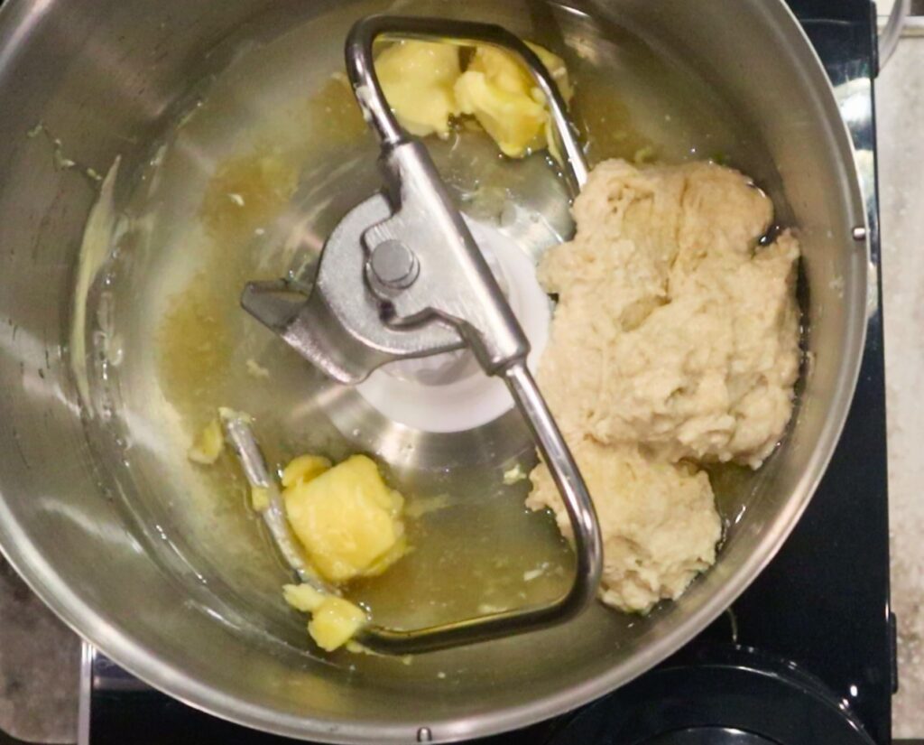 Bosch mixer with the Tangzhong paste and wet ingredients added