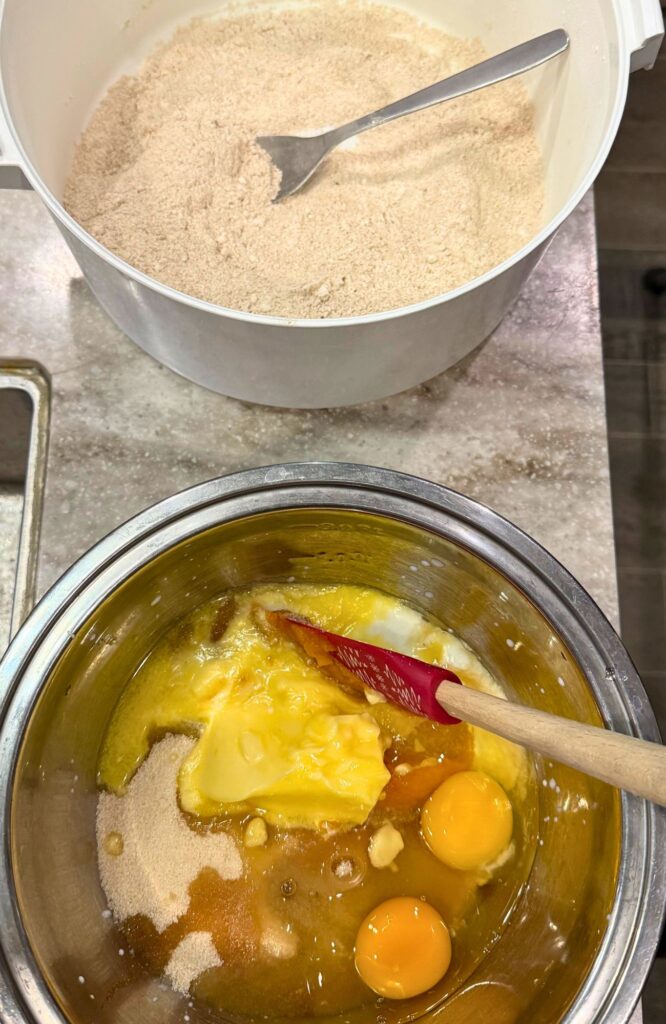 a bowl of wet ingredients and dry ingredients