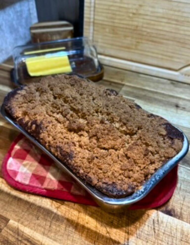 fresh milled flour apple cider quick bread with crumble topping loaf
