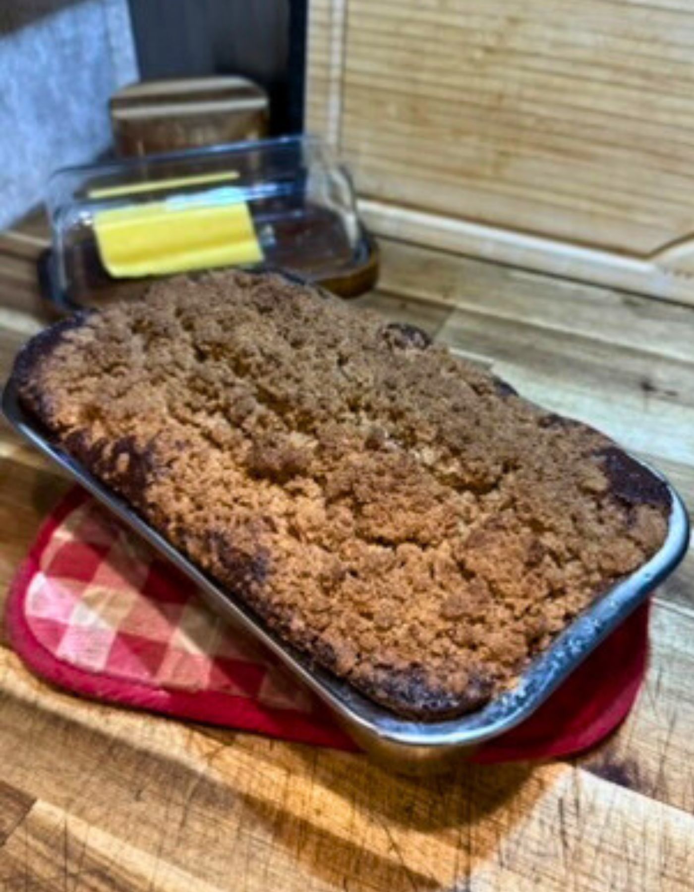 fresh milled flour apple cider quick bread with crumble topping loaf