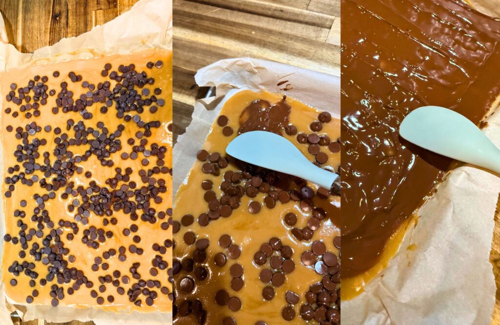 adding the chocolate chips to the top to melt, then spreading it out