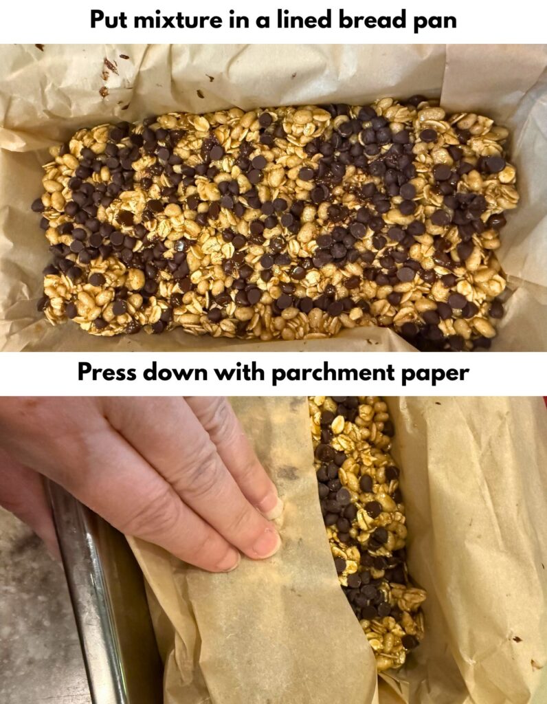 putting mixture in a bread pan, and pressing down with parchment paper