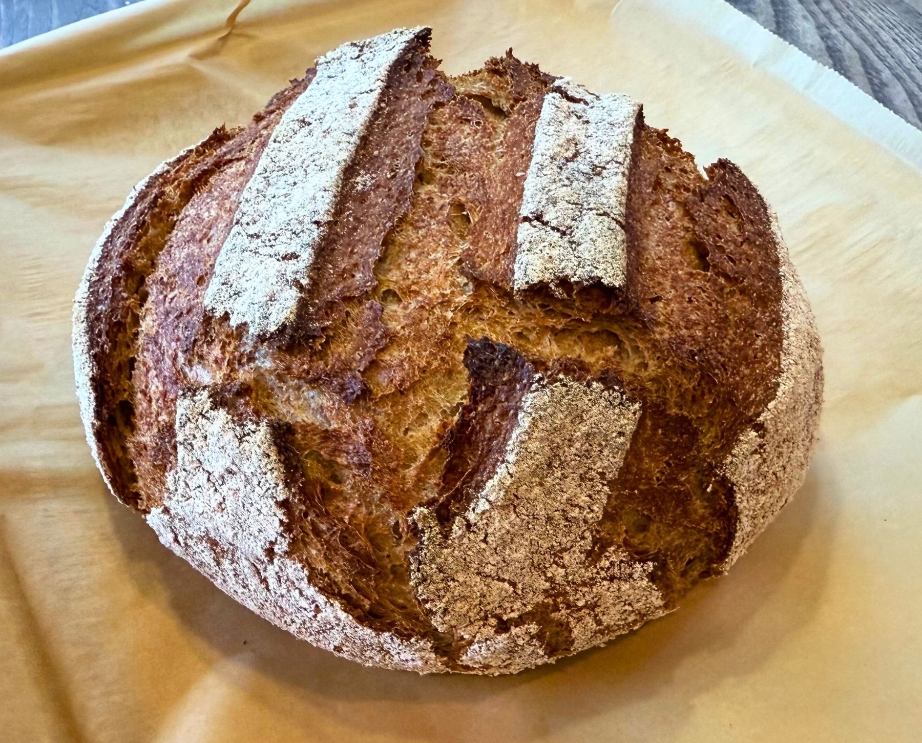 crusty spelt bread loaf made with fresh milled flour