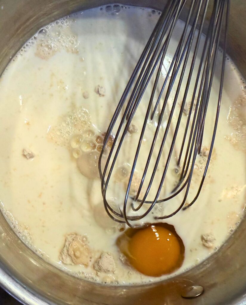 mixing the fresh milled flour vanilla pudding