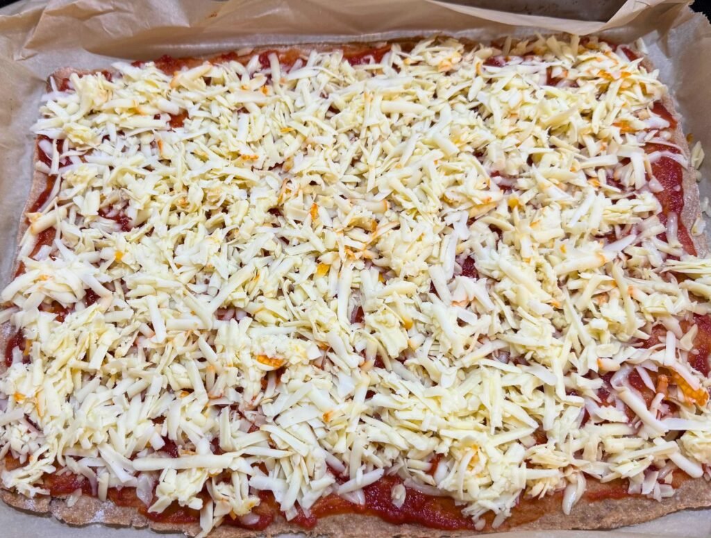 FMF no knead pizza dough ready for the oven