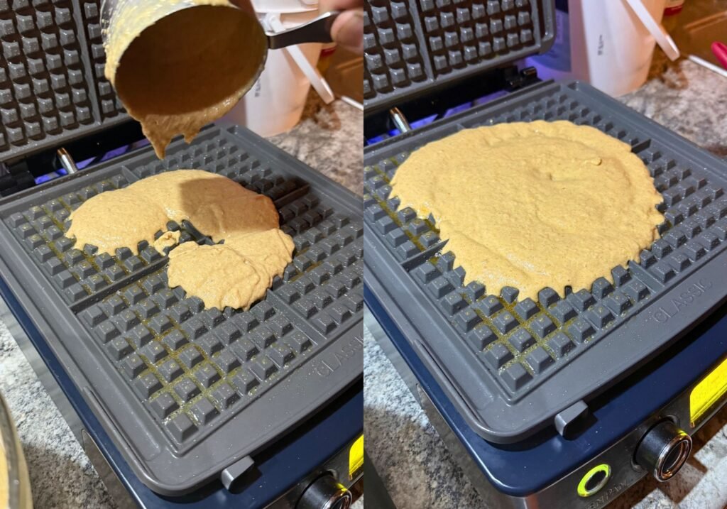 pouring out the fresh milled flour pumpkin waffle batter into the waffle maker